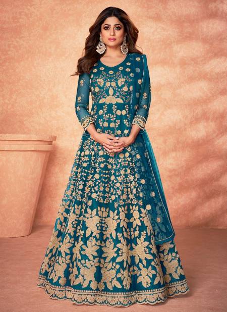 Sea Blue Colour AASHIRWAD MORNI Heavy Wedding Wear Net Long Anrkali Slawar Suit Latest Collection 9181